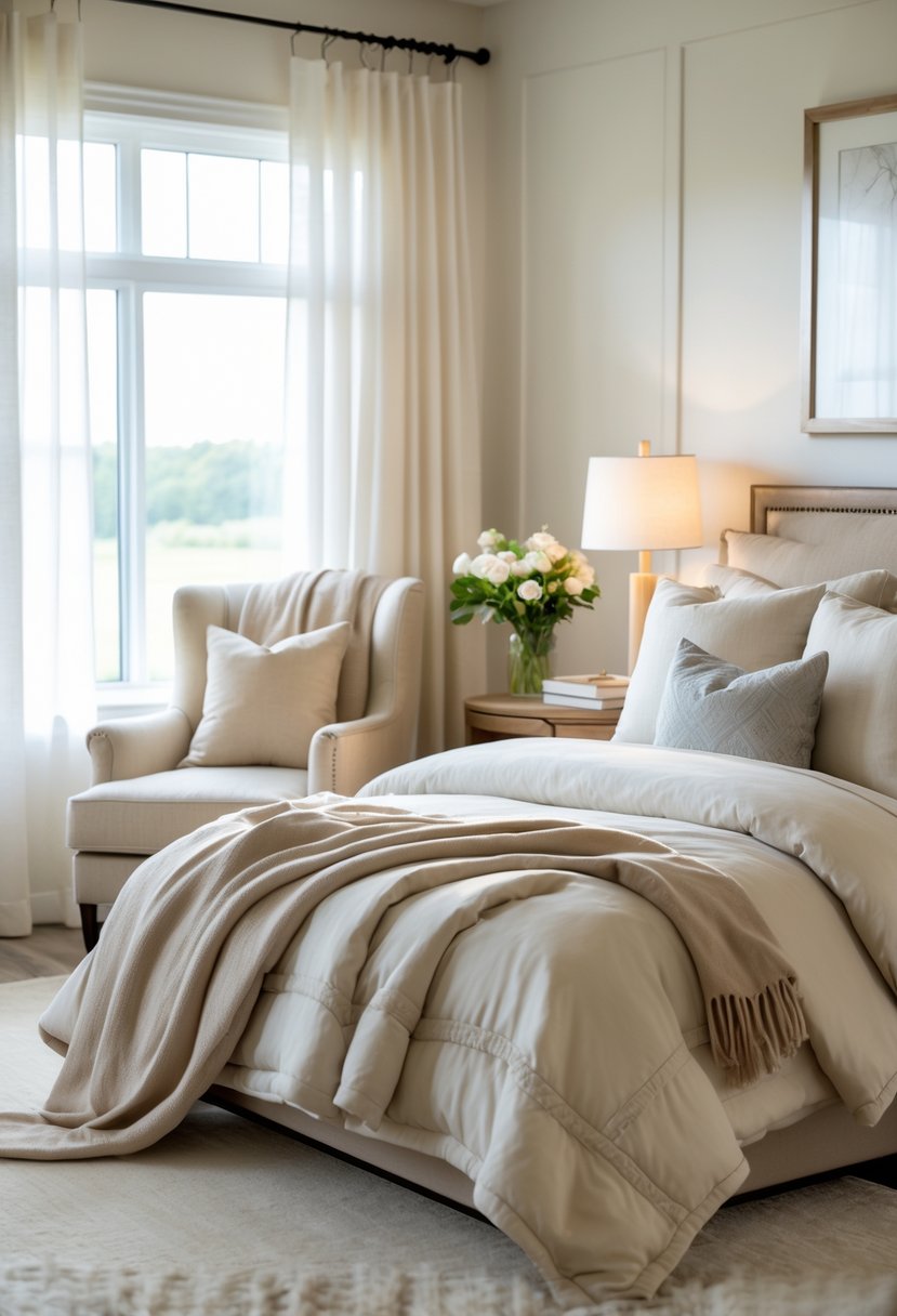 How to Make a Guest Room Cozy: Practical Ideas for Every Home 9 A cozy guest room with a made bed, armchair with a blanket, nightstand with a lamp and flowers, and natural light coming through a window.