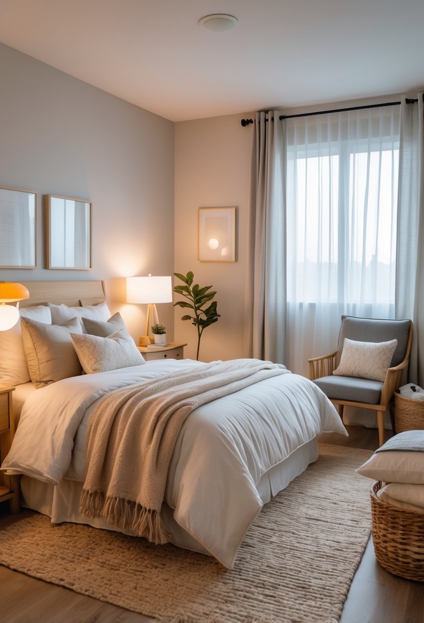 How to Make a Guest Room Cozy: Practical Ideas for Every Home 10 A cozy guest bedroom with a neatly made bed, nightstand with lamp and plant, armchair by a window, and a luggage rack with blankets.