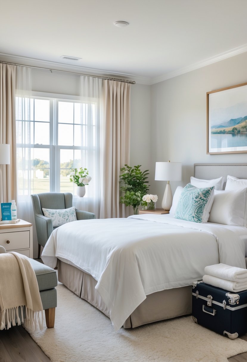 What to Put in a Guest Room: Essentials for Ultimate Comfort 1 A guest room with a neatly made bed, nightstand with lamp and plant, armchair, luggage rack with blanket, dresser with flowers and toiletries, and a window with sheer curtains.