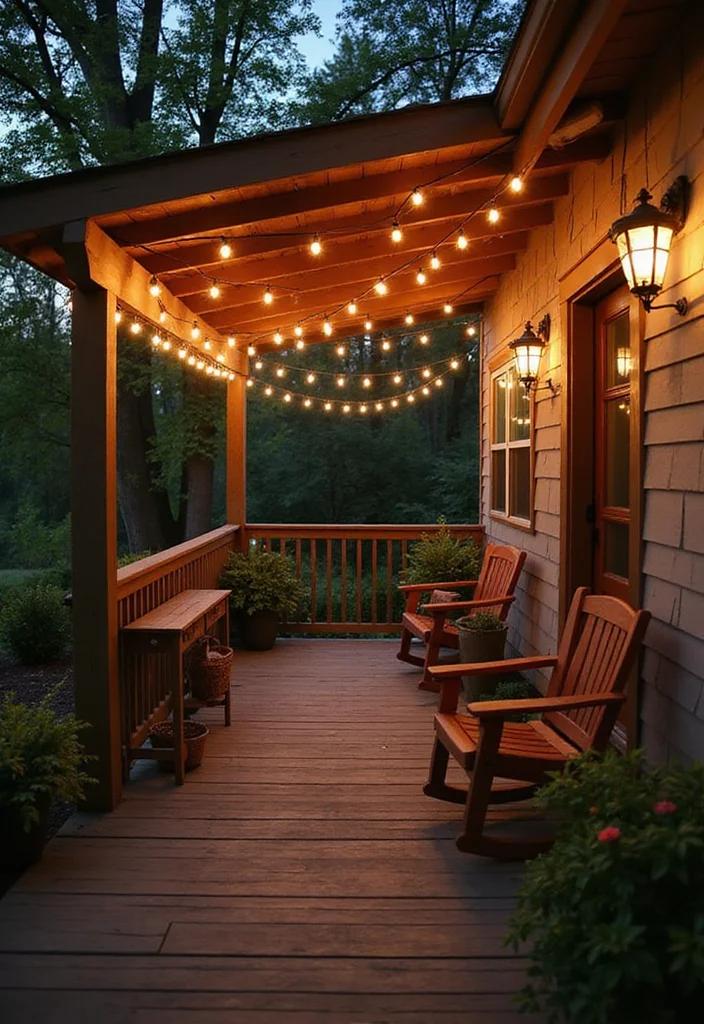 12 Backyard Porch Ideas for Warm Inviting Outdoor Living 4. String Lights for Magical Evenings
