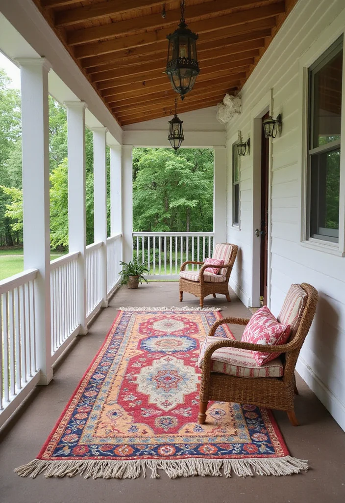 12 Backyard Porch Ideas for Warm Inviting Outdoor Living 7. Stylish Outdoor Rug