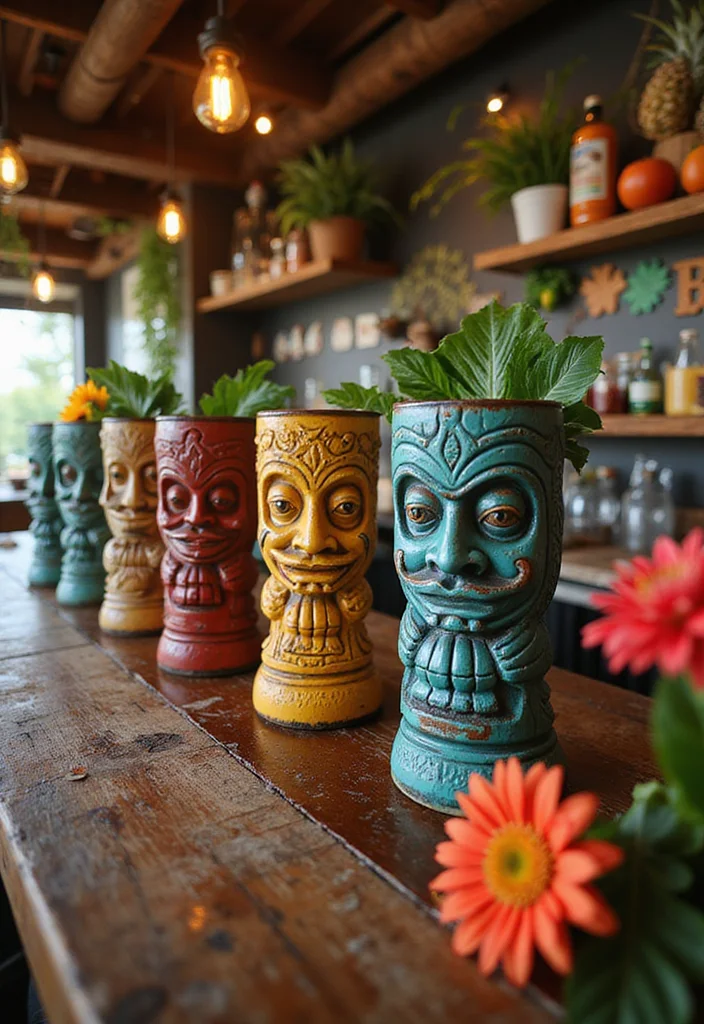 12 Backyard Tiki Bar Ideas for Fun Tropical Entertaining Spaces 23 12 Backyard Tiki Bar Ideas for Fun Tropical Entertaining Spaces 3. Colorful Tiki Mugs