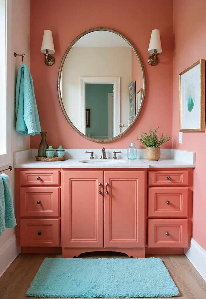 12 Bathroom Cabinet Color Ideas for Fresh Updated Style 111 12 Bathroom Cabinet Color Ideas for Fresh Updated Style 11. Vibrant Coral Accents