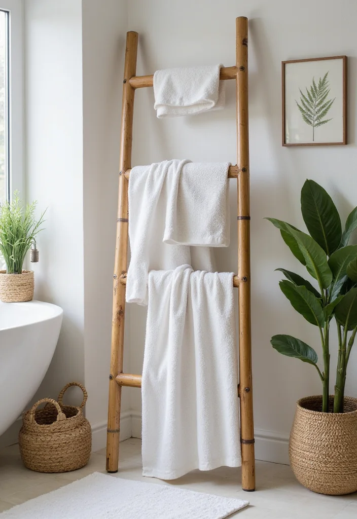 12 Bathroom Towel Storage Ideas for Neat Organized Everyday Use 1. Bamboo Ladder Towel Rack