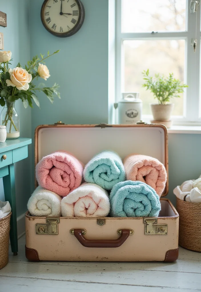 12 Bathroom Towel Storage Ideas for Neat Organized Everyday Use 5. Vintage Suitcase Storage