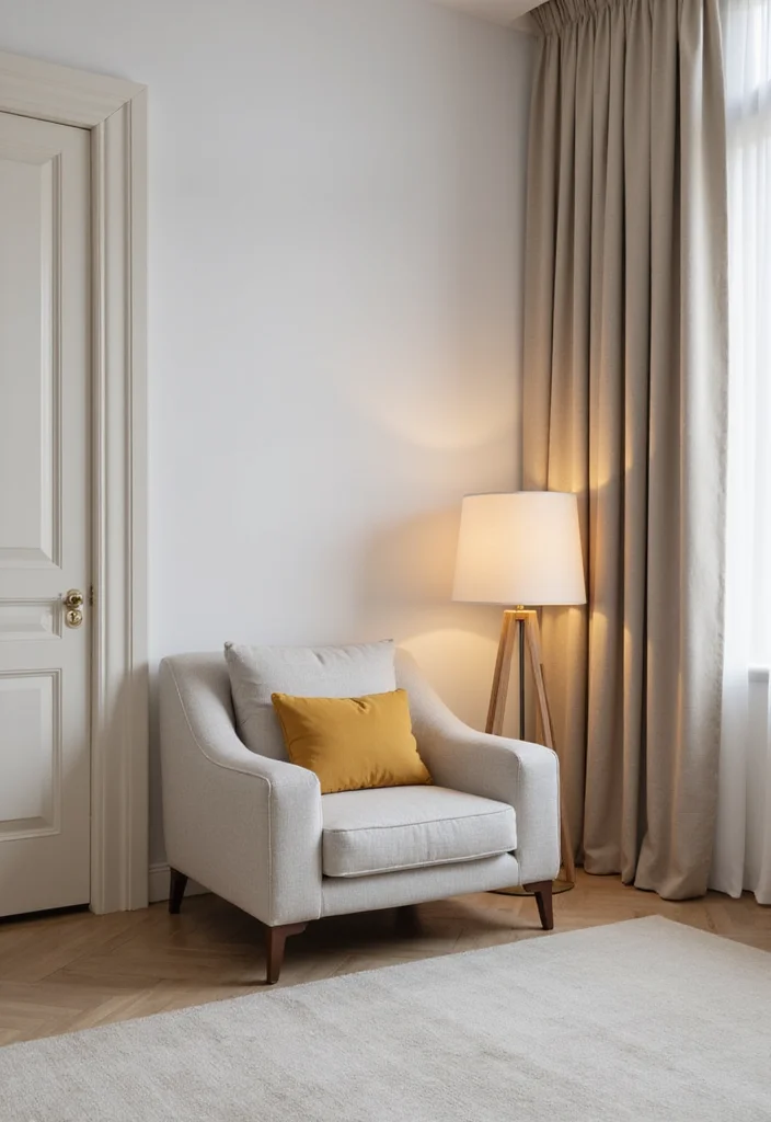 12 Bedroom Sitting Area Ideas for Cozy Relaxed Corners 2. Minimalist Corner with a Lounge Chair