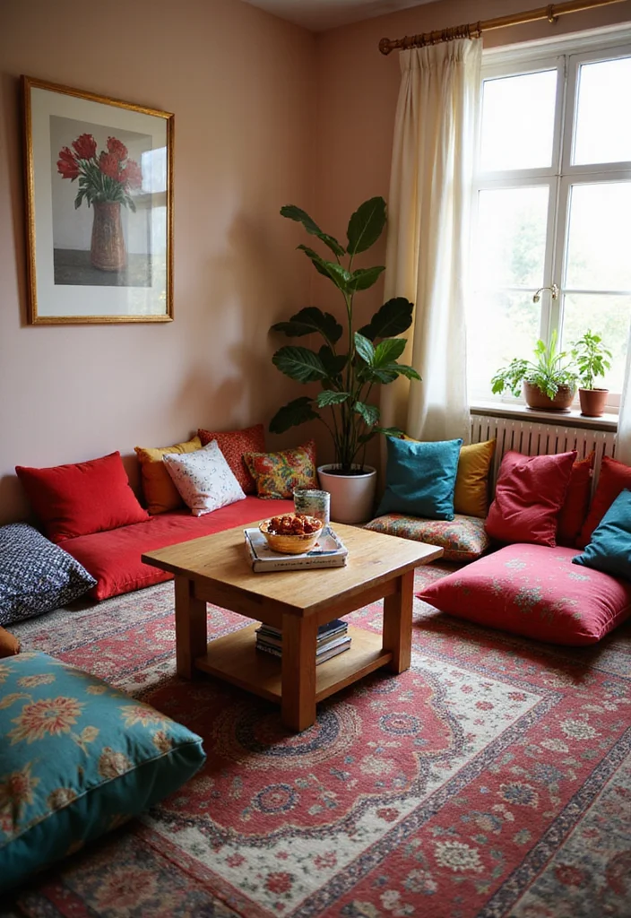 12 Bedroom Sitting Area Ideas for Cozy Relaxed Corners - 7. Cozy Floor Cushions and a Low Table