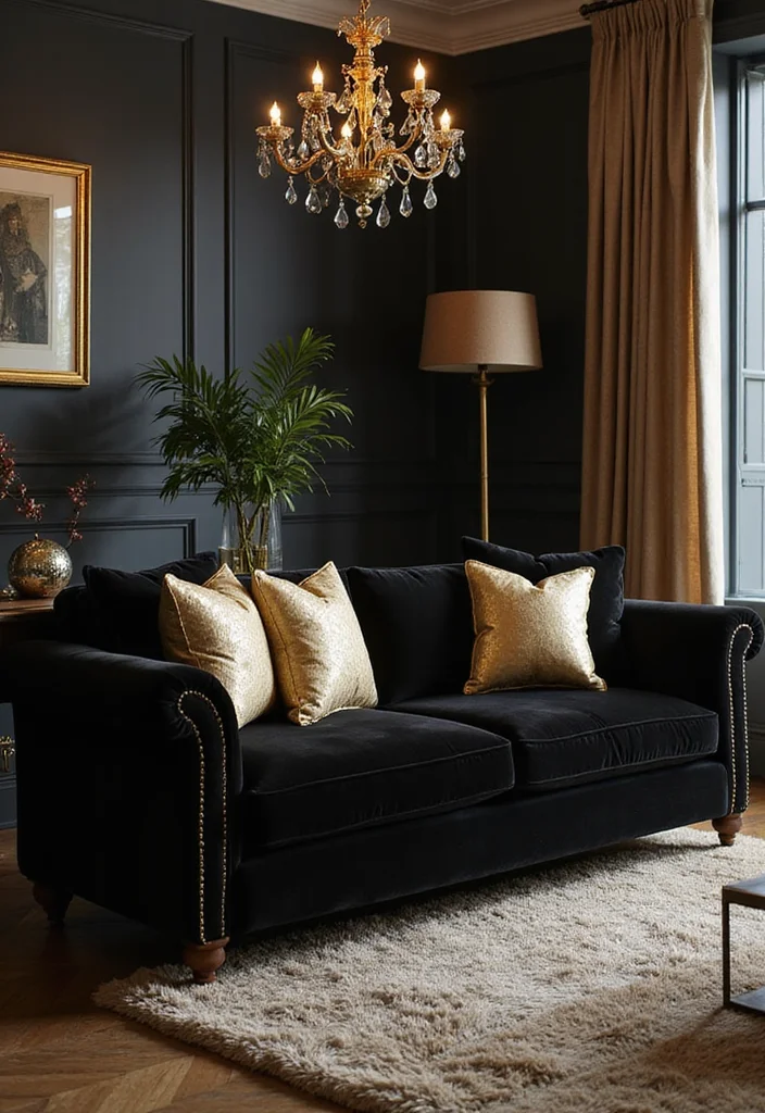 12 Black and Gold Living Room Ideas for Bold Modern Glamour 1. Luxurious Velvet Sofa