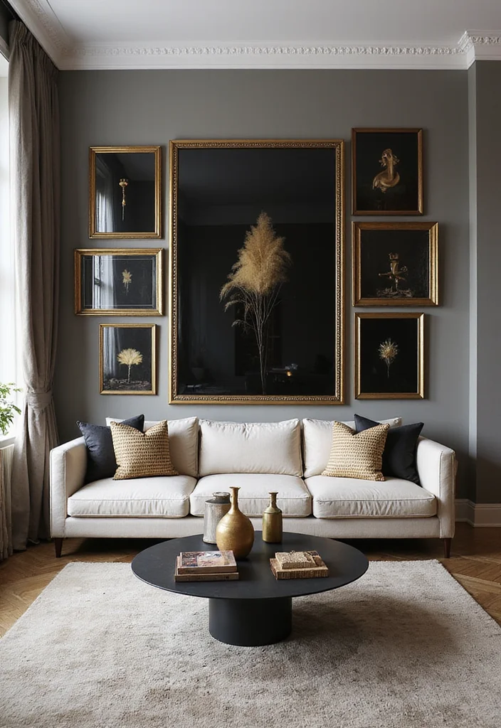 12 Black and Gold Living Room Ideas for Bold Modern Glamour 2. Glamorous Wall Art