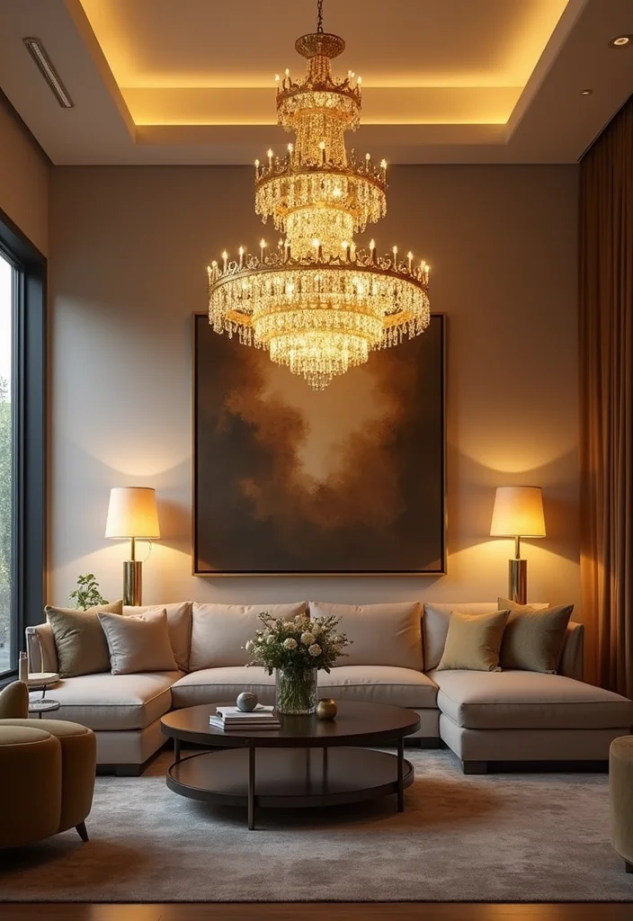 12 Black and Gold Living Room Ideas for Bold Modern Glamour 5. Statement Lighting