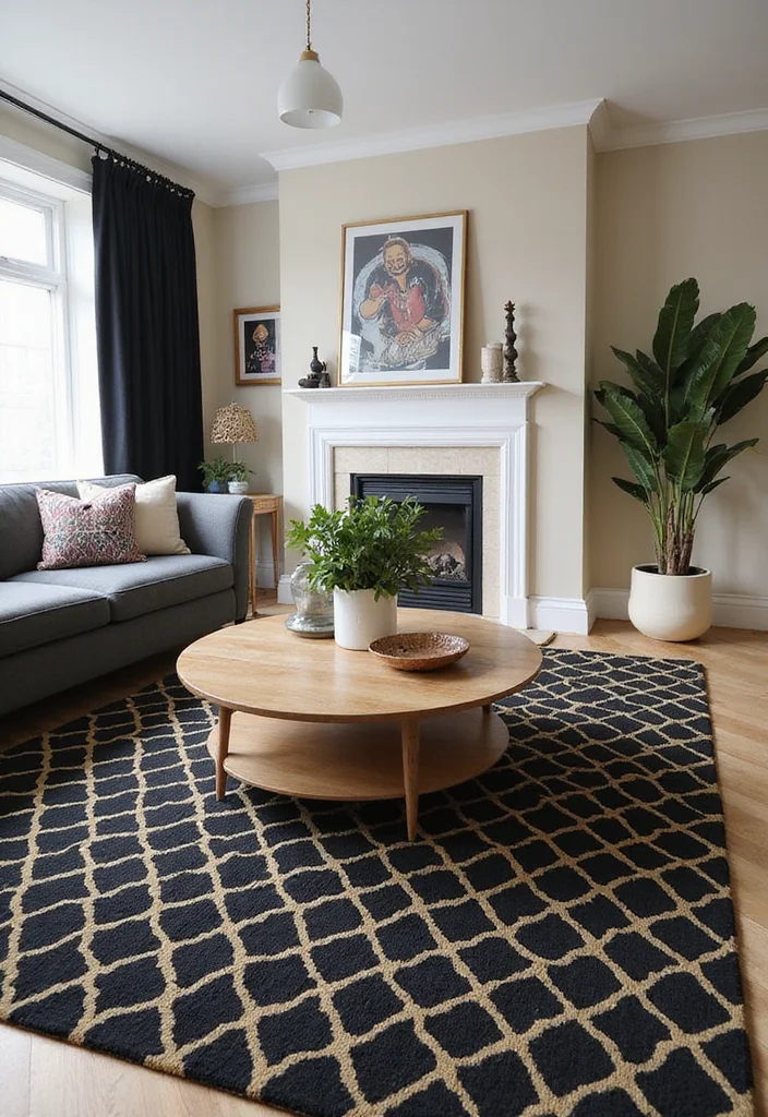 12 Black and Gold Living Room Ideas for Bold Modern Glamour 8. Bold Area Rugs
