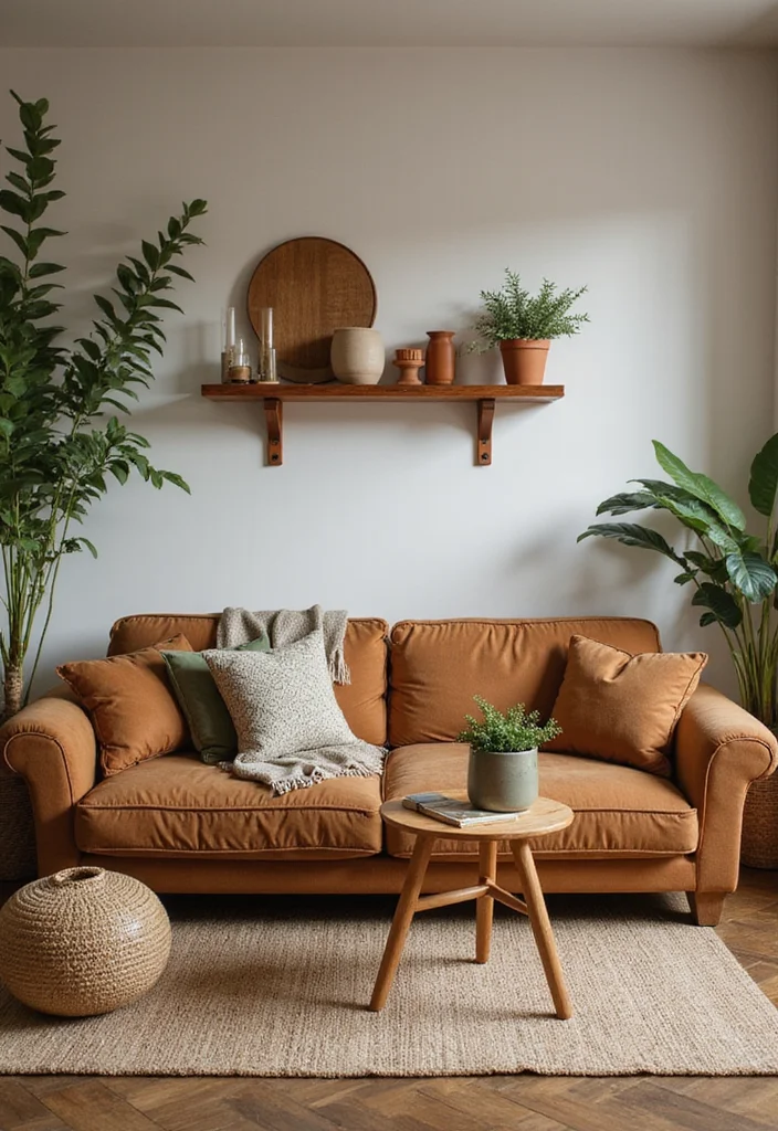 12 Brown Sofa Living Room Ideas for Soft Earthy Inviting Style 2. Accent with Earthy Tones