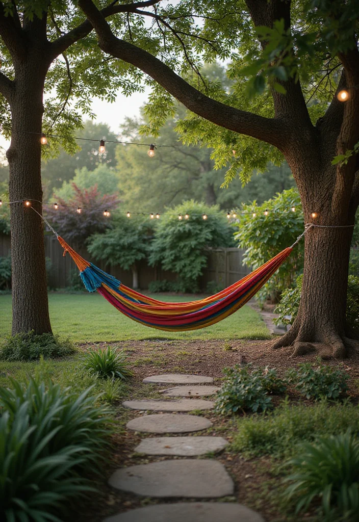 12 Cozy Backyard Sitting Area Ideas for Relaxed Corners 3. Hanging Hammock Haven