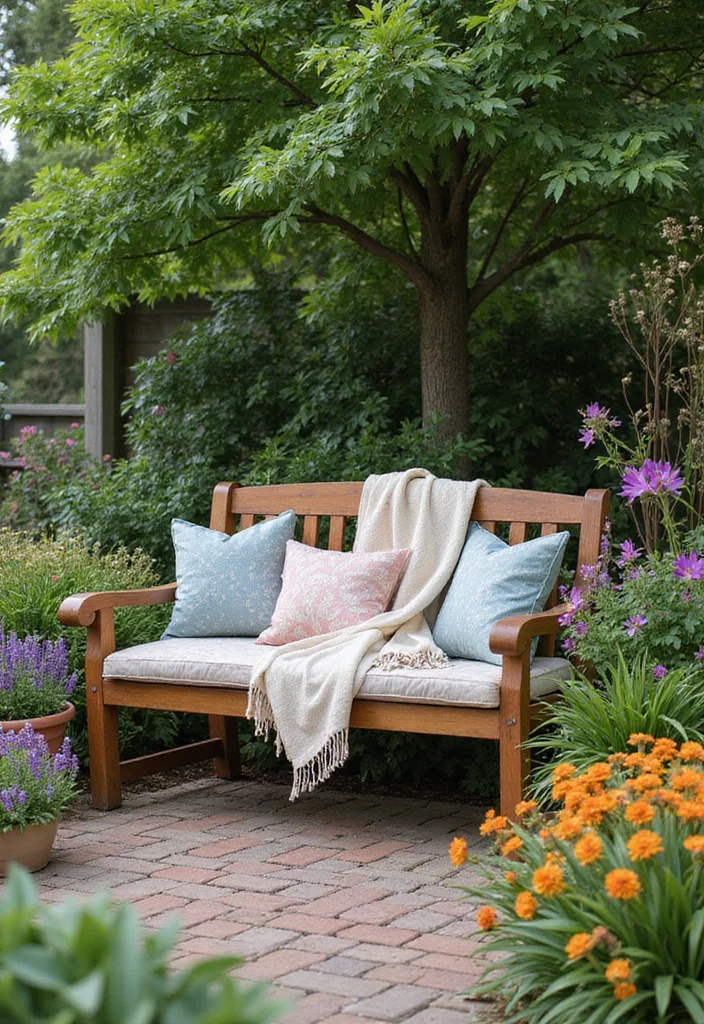 12 Cozy Backyard Sitting Area Ideas for Relaxed Corners 5. Garden Bench Retreat
