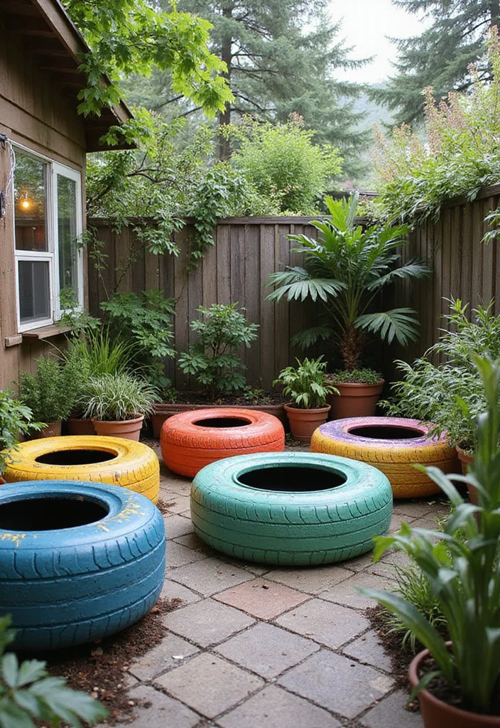 12 Cozy Backyard Sitting Area Ideas for Relaxed Corners 6. Upcycled Tire Seats