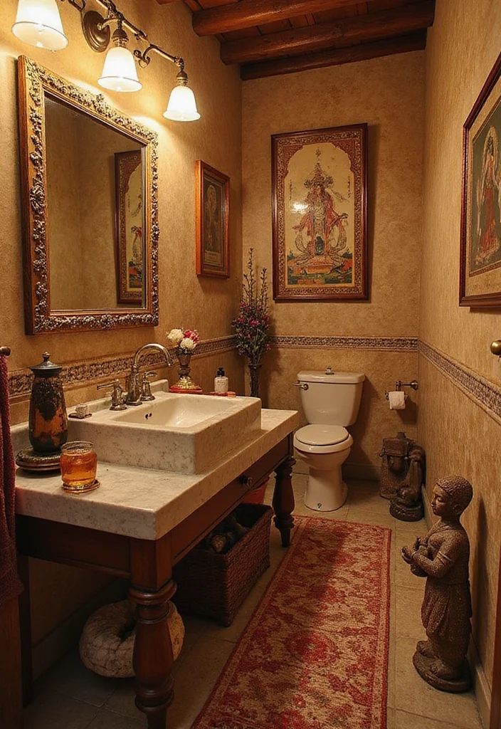 12 Indian Bathroom Ideas for Warm Practical Cultural Style - 11. Cultural Artwork