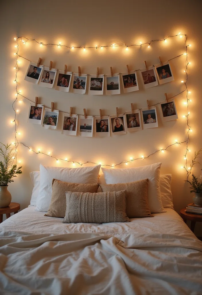 12 Picture Wall Ideas Bedroom for Meaningful Beautiful Displays 3. String Lights and Snapshots