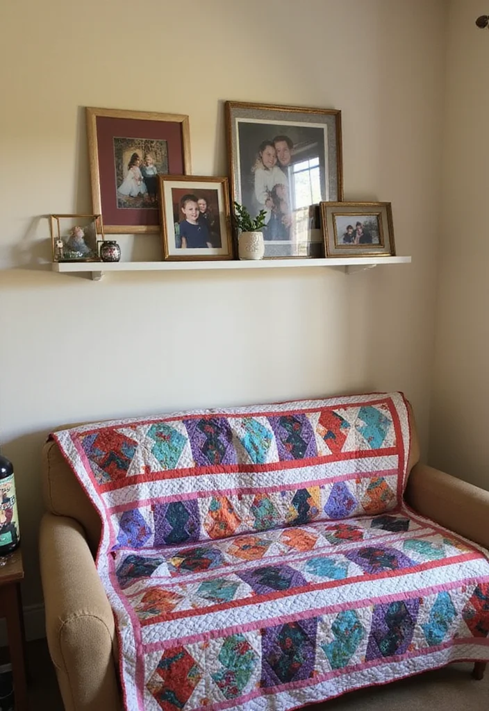 12 Picture Wall Ideas Bedroom for Meaningful Beautiful Displays 7. Colorful Quilt and Photos Combo