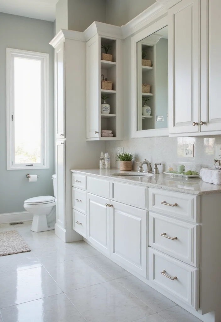 12 White Cabinet Bathroom Ideas for Bright Clean Timeless Looks 5. Integrated Storage Solutions