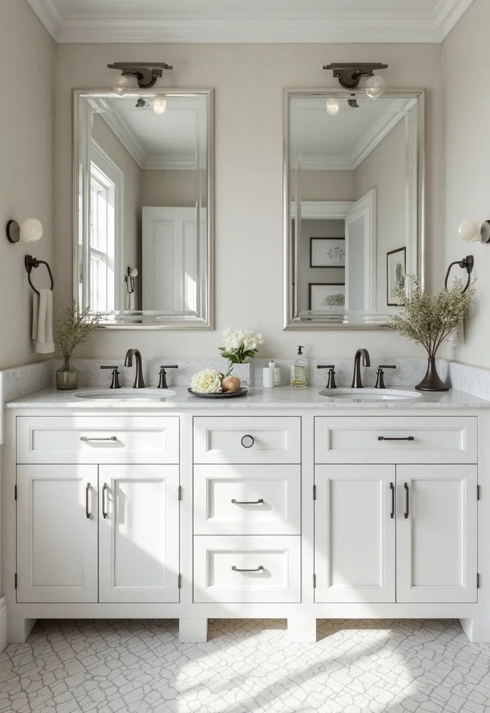 12 White Cabinet Bathroom Ideas for Bright Clean Timeless Looks 6. Geometric Patterns