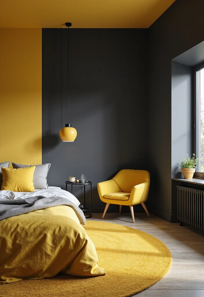 14 Bedroom Color Scheme Ideas for Calm Cohesive Style 111 14 Bedroom Color Scheme Ideas for Calm Cohesive Style - 11. Charcoal and Sunshine Yellow