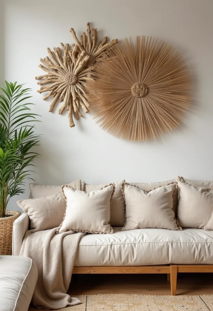 14 Brown Living Room Ideas for Cozy Rich Natural Warmth 10. Wall Decor with Natural Elements