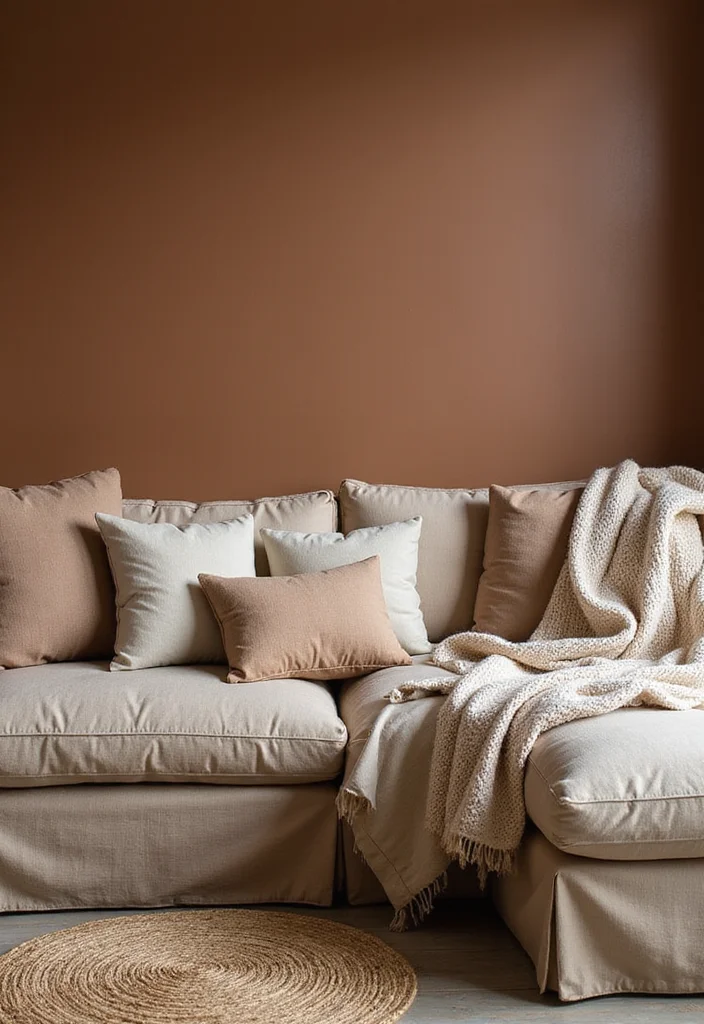 14 Brown Living Room Ideas for Cozy Rich Natural Warmth 2. Earthy Textiles and Fabrics