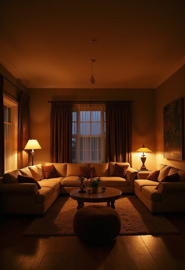 14 Brown Living Room Ideas for Cozy Rich Natural Warmth 7. Warm Lighting Solutions