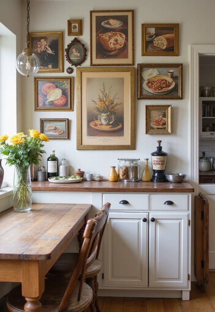 14 Classic Kitchen Ideas for Timeless Warm Functional Design 10. Vintage Wall Art
