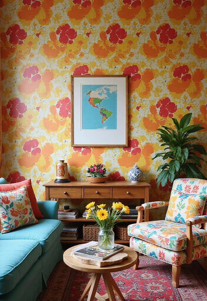 14 Colorful Living Room Ideas for Bright Cheerful Personality 10. Cheerful Wallpaper
