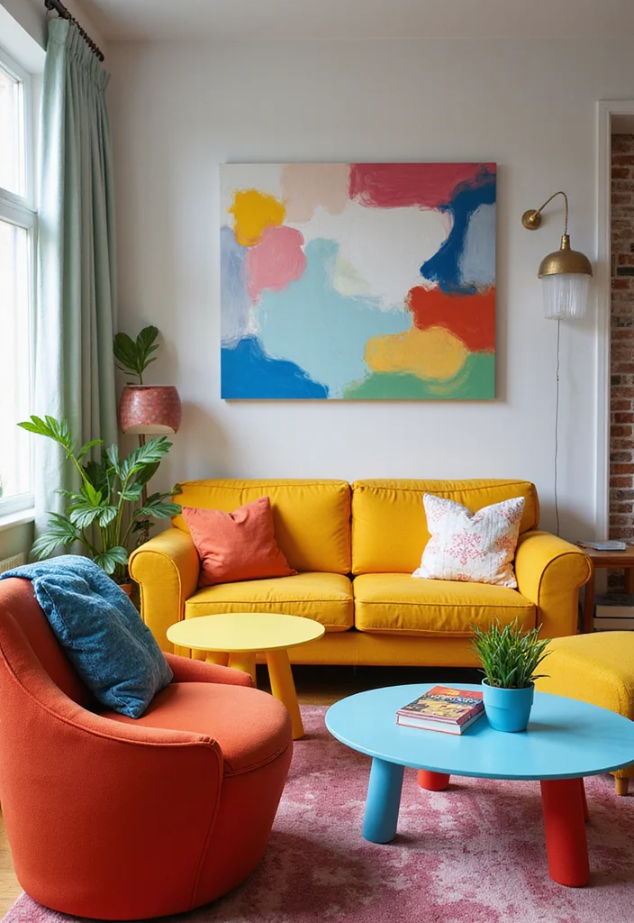 14 Colorful Living Room Ideas for Bright Cheerful Personality 2. Multicolored Furniture Arrangements