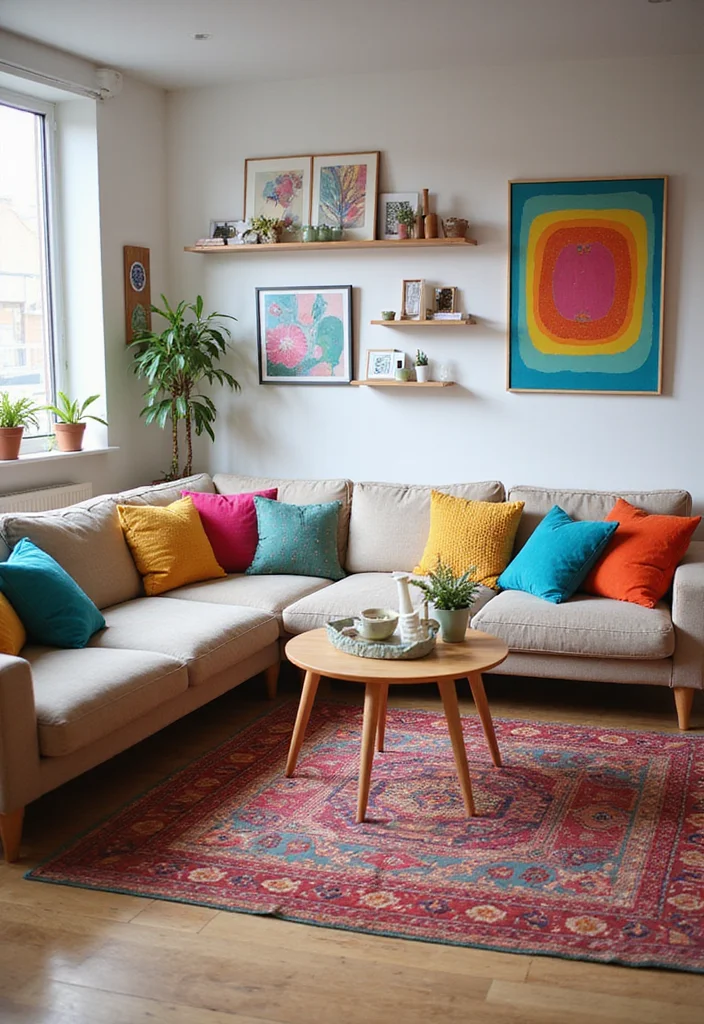 14 Colorful Living Room Ideas for Bright Cheerful Personality 3. Playful Accessories