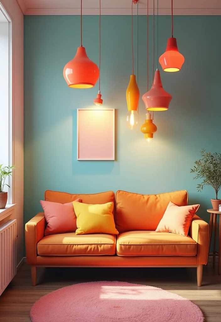 14 Colorful Living Room Ideas for Bright Cheerful Personality 6. Playful Lighting Fixtures