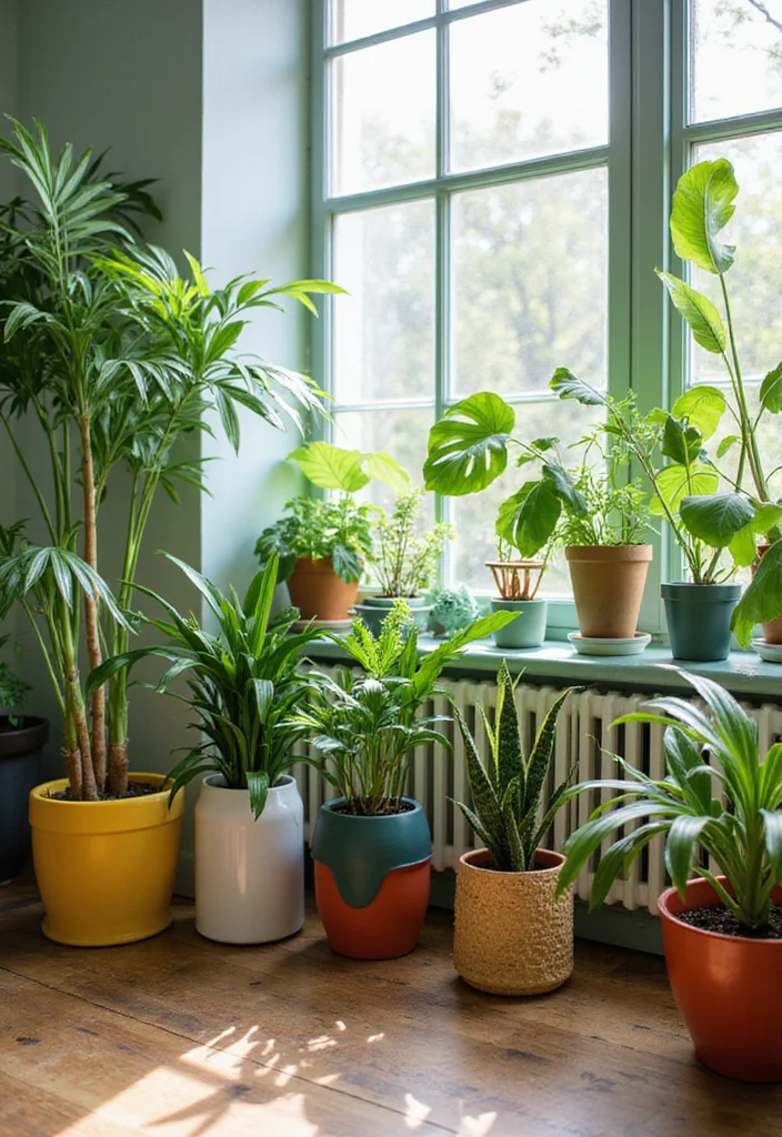 14 Colorful Living Room Ideas for Bright Cheerful Personality 8. Indoor Plants for a Touch of Green
