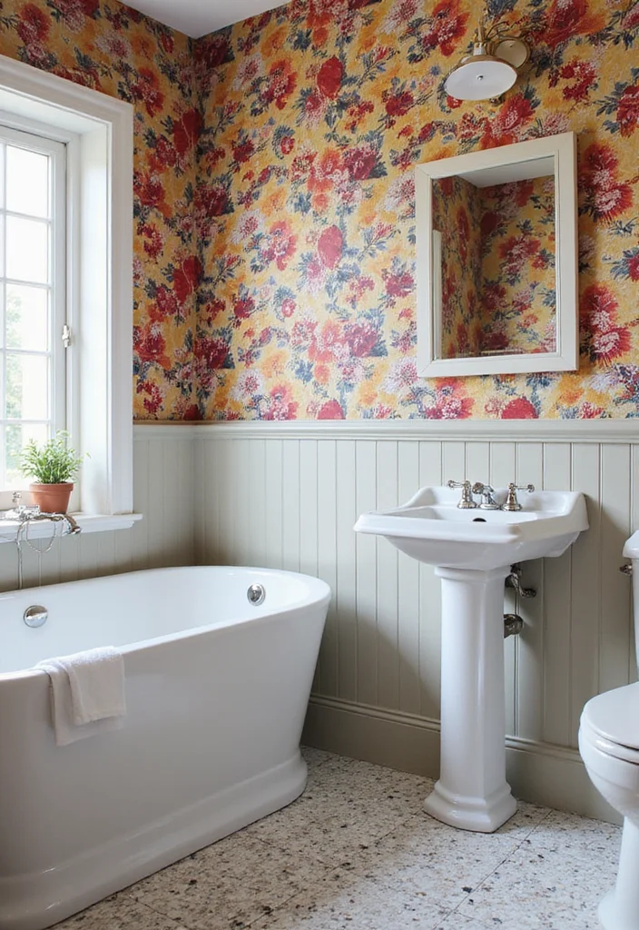 14 Cottage Bathroom Ideas for Sweet Cozy Character Filled Charm 11. Fun Wallpaper for a Unique Statement