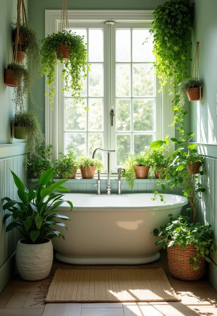 14 Cottage Bathroom Ideas for Sweet Cozy Character Filled Charm 5. Fresh Greenery for the Perfect Touch