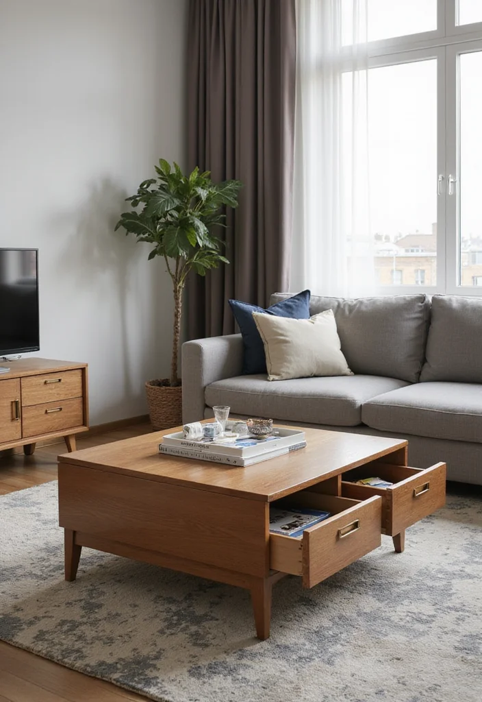 14 Living Room Small Spaces Ideas for Smart Cozy Layouts 2. Multifunctional Coffee Tables