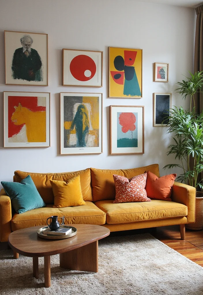 14 Mid Century Living Room Ideas for Iconic Warm Retro Style 10. Iconic Art and Wall Decor