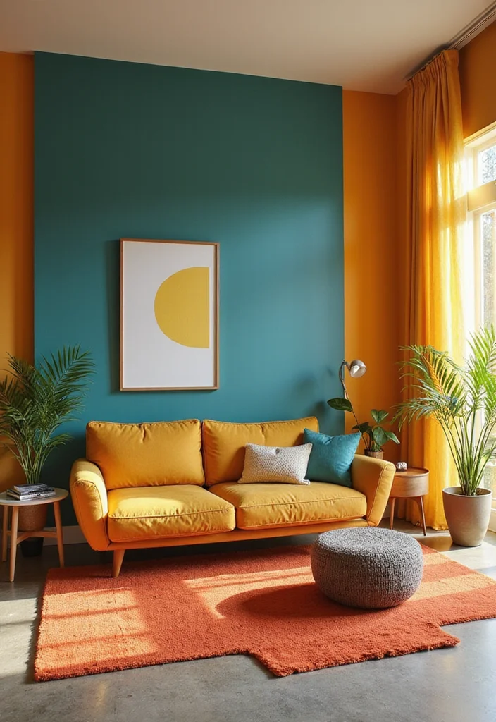 14 Mid Century Living Room Ideas for Iconic Warm Retro Style 12. Color Blocked Walls