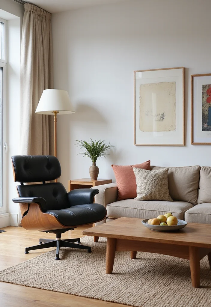 14 Mid Century Living Room Ideas for Iconic Warm Retro Style 2. Iconic Furniture Pieces