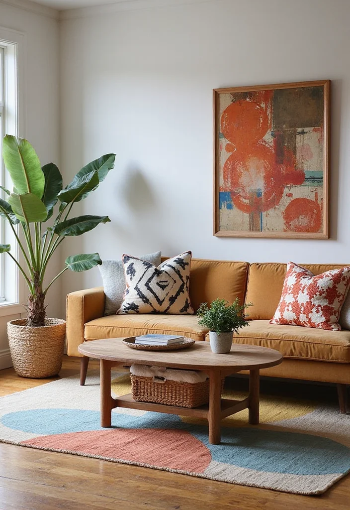 14 Mid Century Living Room Ideas for Iconic Warm Retro Style 3. Bold Graphic Patterns