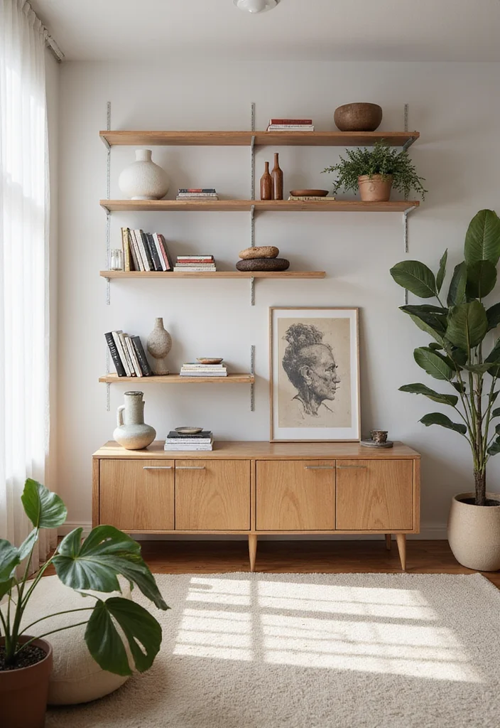 14 Neutral Living Room Ideas for Warm Calm Timeless Style 10. Open Shelving with Curated Decor