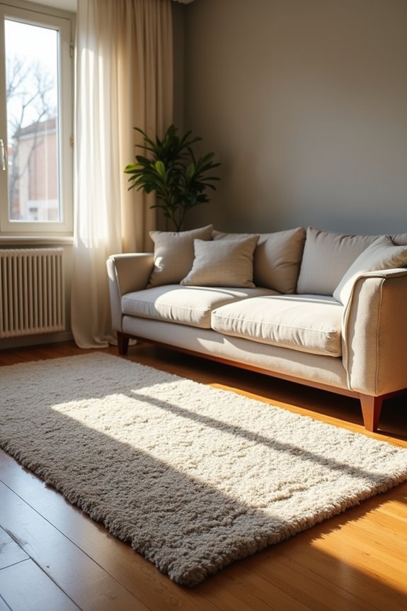 anchor rug beneath sofa and chairs