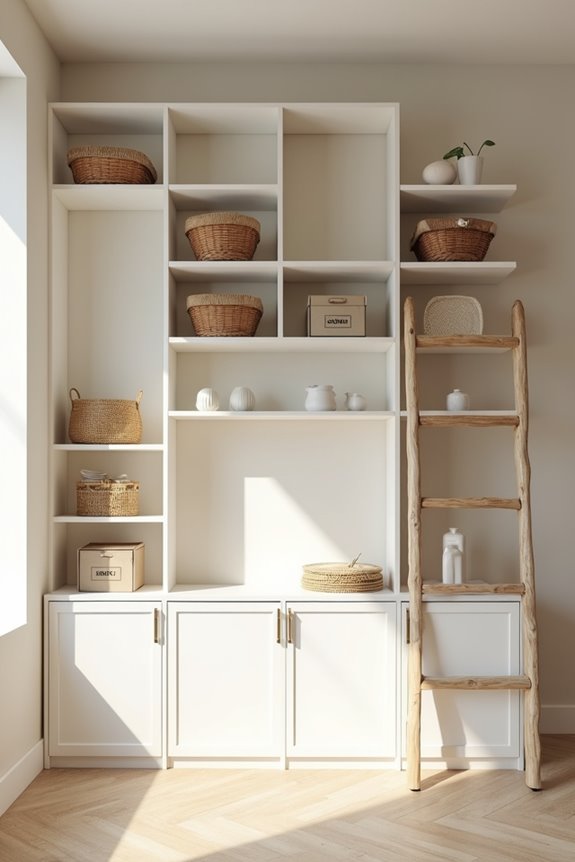 5 Smart Ways to Do Something With an Empty Living Room Wall 2 off the shelf shelving for storage
